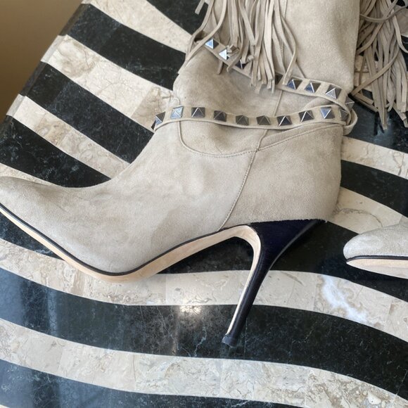 MANOLO BLAHNIK Suede Fringe Western Boots Heels - Picture 11 of 16